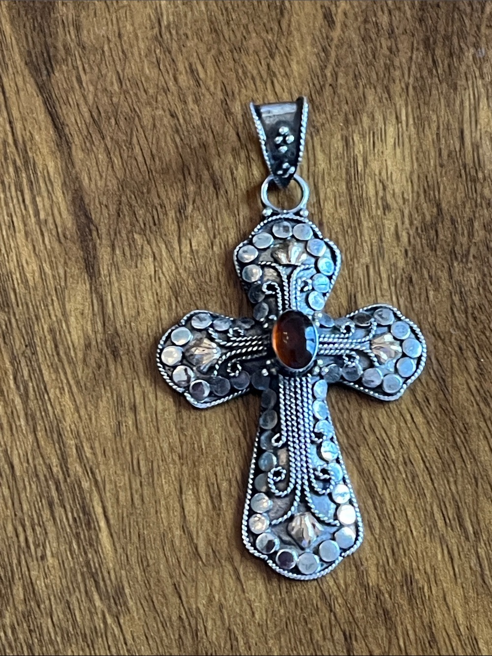.925 Sterling-Style Silver Cross Pendant with Amber Cabochon